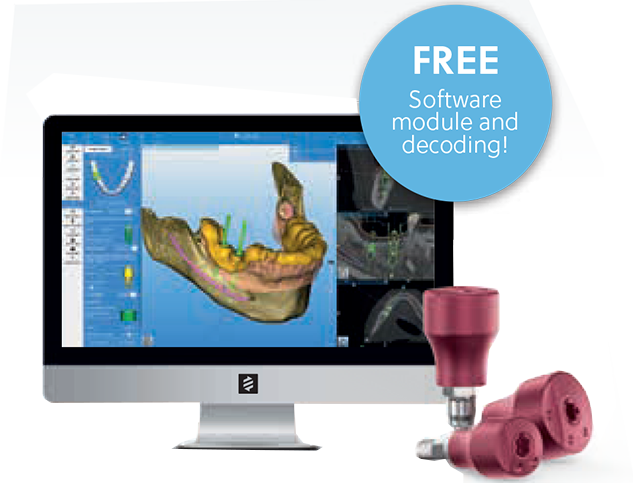 Digital design phase with RealGUIDE™ software, showing scan data decoding and virtual abutment planning alongside Encode® Emergence healing abutments for streamlined restorative workflows.