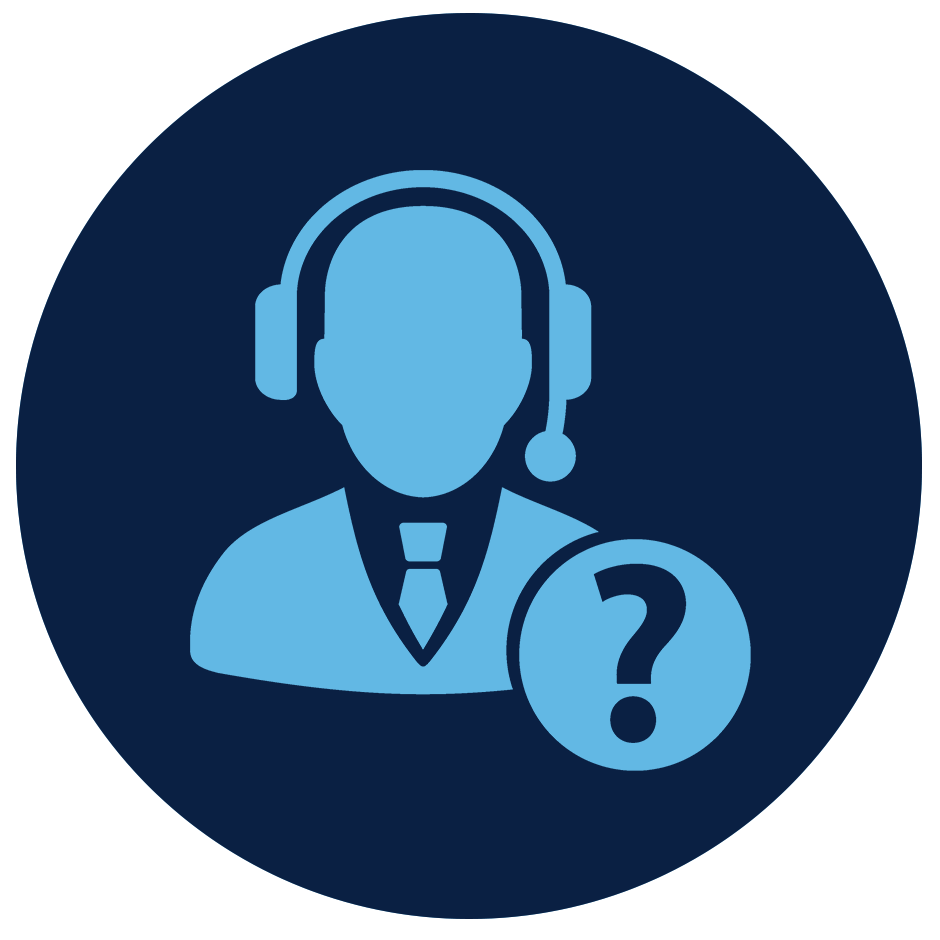 Customer support icon showing a headset representative with a question mark, symbolizing assistance and contact support services.