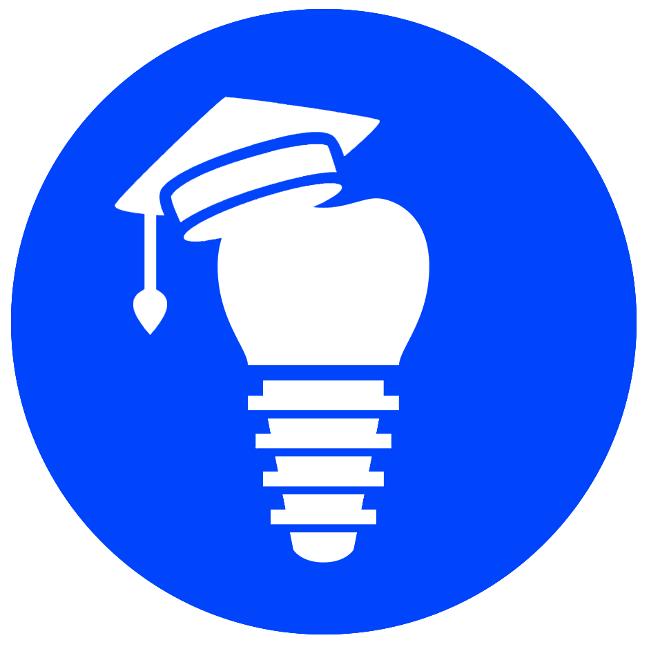 Blue icon of a dental implant with a graduation cap, symbolizing continuing education opportunities in dentistry through in-person and virtual learning programs.
