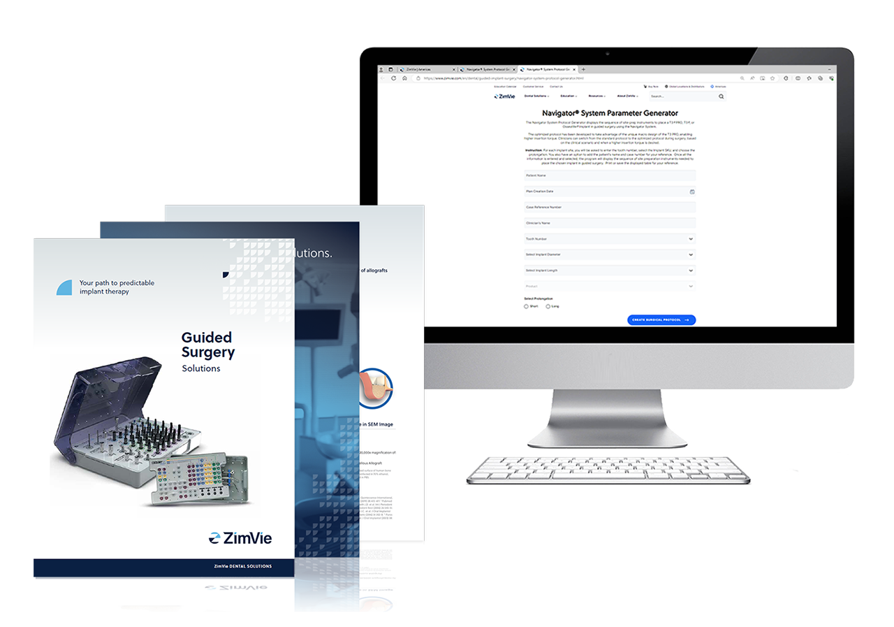 Image displaying ZimVie's Guided Surgery Solutions, including a printed surgical kit brochure and a desktop view of the NaviGuide™ System Parameter Generator—an advanced digital tool designed to support predictable dental implant therapy through guided planning and workflow optimization.