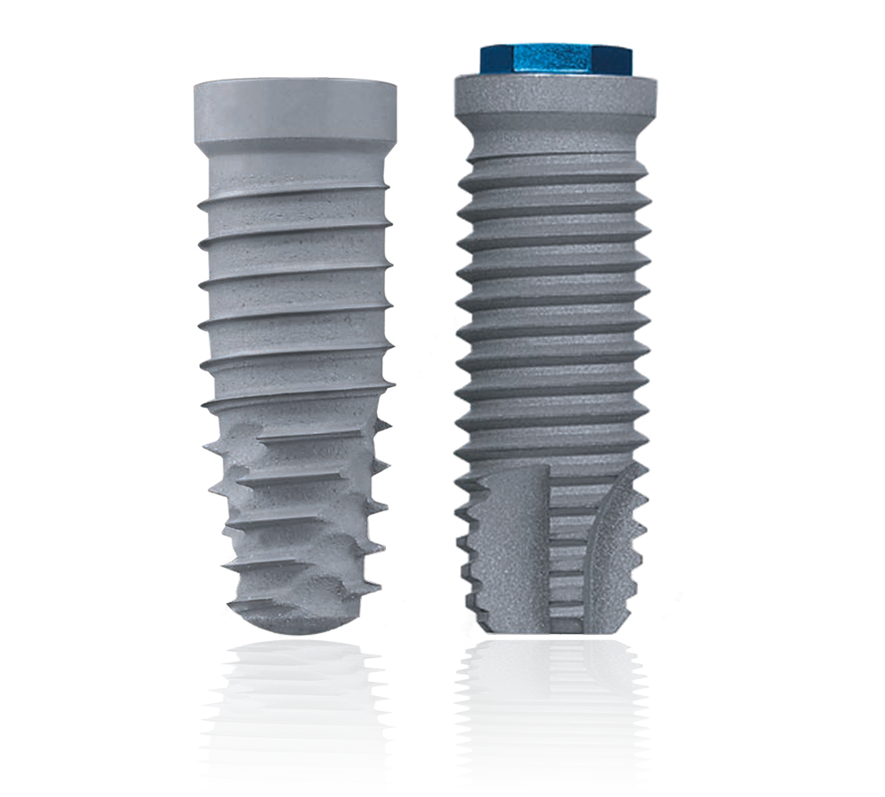 Two ZimVie dental implants showcasing advanced surface technology. Supported by comprehensive clinical research with over 98% cumulative success rates, the Osseotite® surface enhances osseointegration and demonstrates high levels of bone-to-implant contact for reliable, long-term performance.