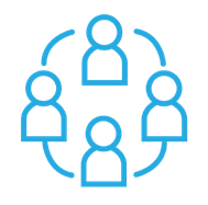 Blue outline icon of five people in a circle representing ZimVie’s HIPAA-compliant communication portal for secure collaboration.