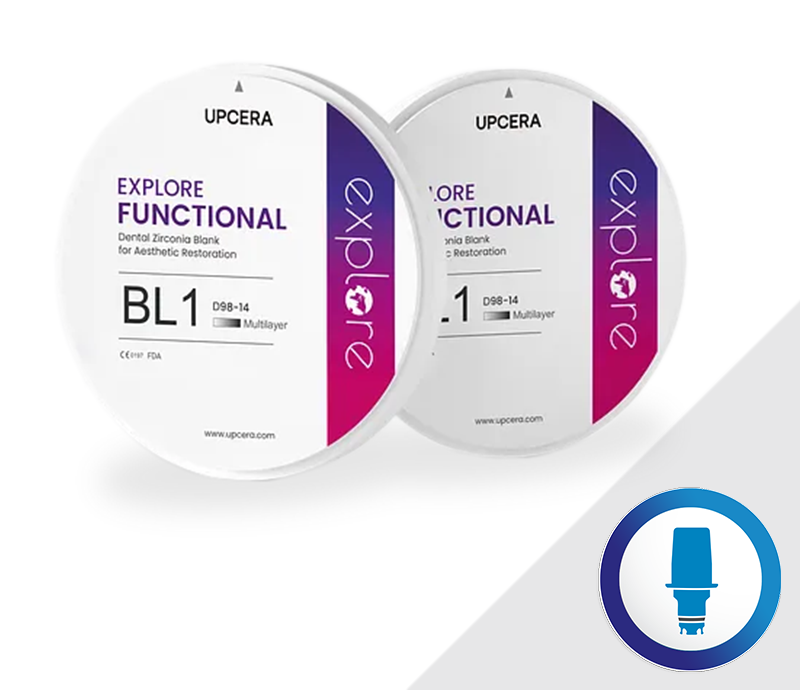 Upcera Explore Functional multilayer dental zirconia discs in BL1 shade, designed for aesthetic and durable restorations with gradient color and high strength.