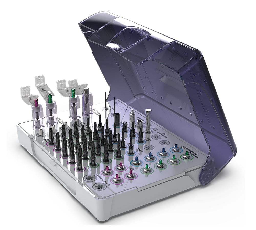 ZimVie Guided Surgery Kit with Color-Coded Drills Image of the ZimVie Guided Surgery Kit featuring a compact, space-efficient design with color-coded drills for ease of use in dental offices. The kit includes DLC (Diamond-Like Carbon) coated drills for enhanced wear resistance, implant mounts with hex features for precise alignment, and a staging pedestal for Fixture Mount Transfer (FMT) of TSV implants. Designed for fully guided implant placement, the kit supports both soft and dense bone protocols without the need for handles or keys during osteotomy preparation.