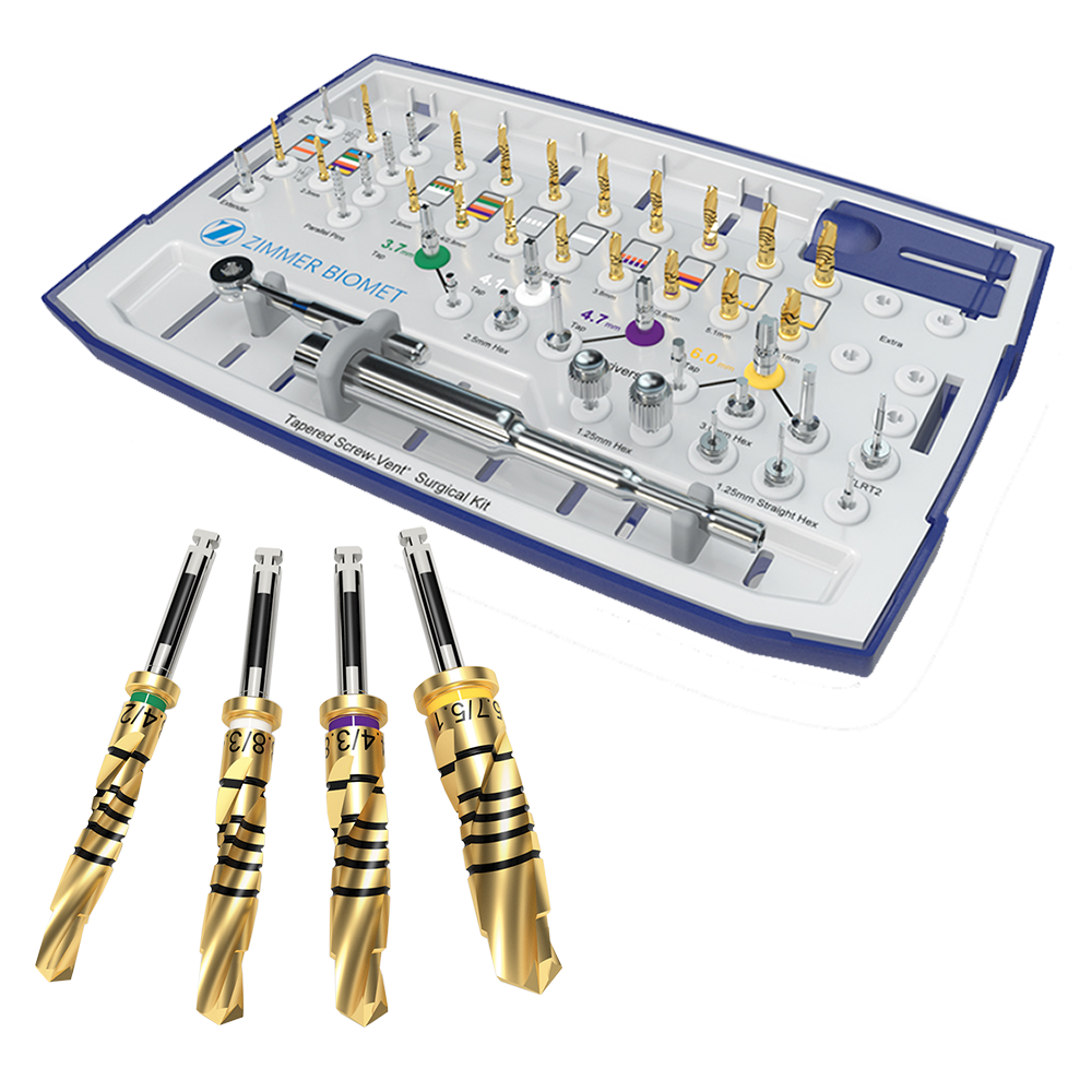 TSV Surgical Kit with Gold Drills Image of the ZimVie TSV Surgical Kit featuring precision gold-coated drills and instruments designed for enhanced durability, cutting efficiency, and surgical accuracy in dental implant procedures.
