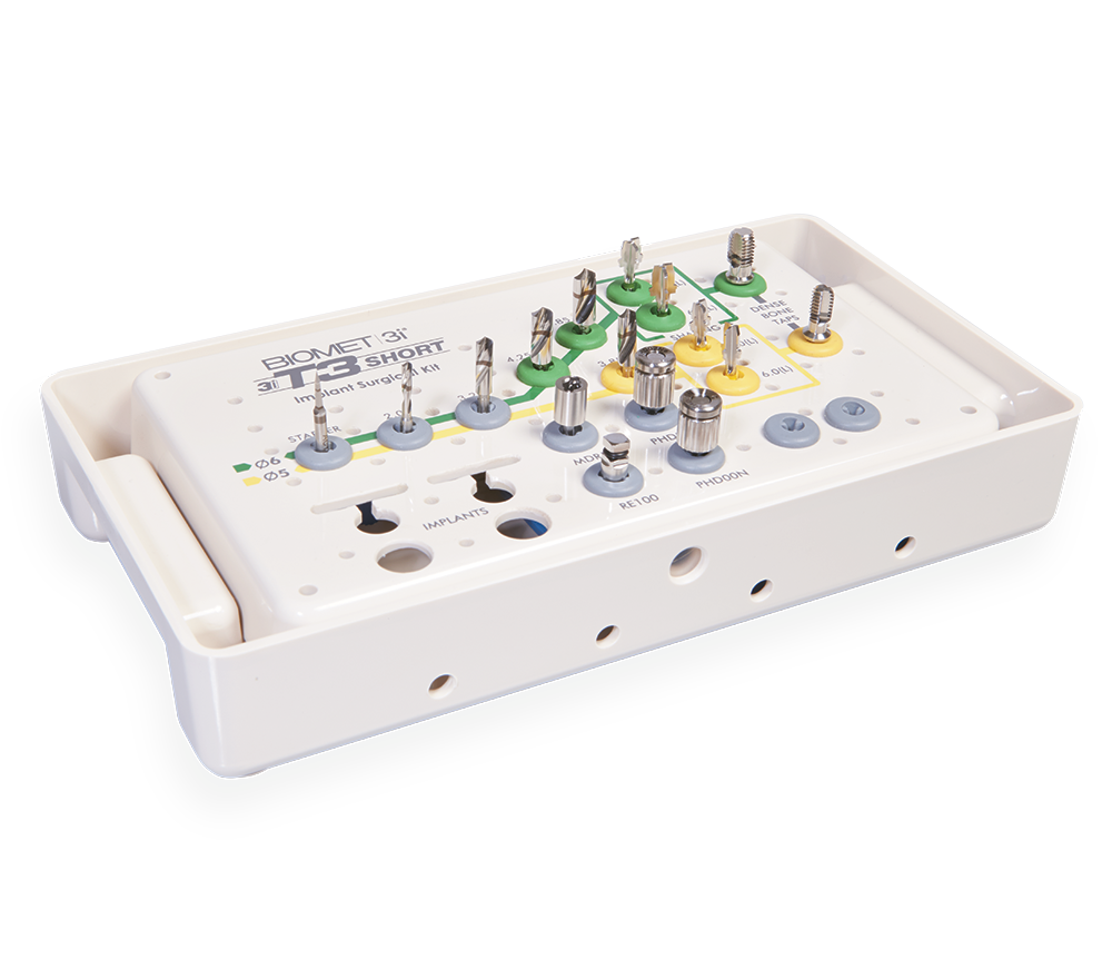 T3® Short Implant Surgical Kit The ZimVie T3® Short Implant Surgical Kit is designed for efficient placement of T3 Short Implants, providing clinicians with color-coded, intuitive tools for precision, reliability, and streamlined implant procedures.