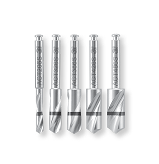 ZimVie ACT Twist Drills A set of ZimVie ACT Twist Drills, based on the design of standard length ACT Drills but optimized for precise depth control. The image shows the instruments, which feature a single laser mark indicating both 5.0 mm and 6.0 mm depths, designed for accurate osteotomy creation. These surgical drills are a key component for dental implant site preparation, providing a reliable and efficient solution for dental professionals.