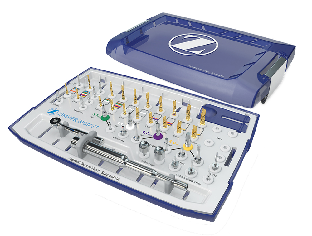 TSV Surgical Kit with Instruments and Drills Image of the ZimVie TSV Surgical Kit containing a complete set of precision drills, instruments, and accessories, organized in a blue case designed to support efficient and accurate dental implant placement.