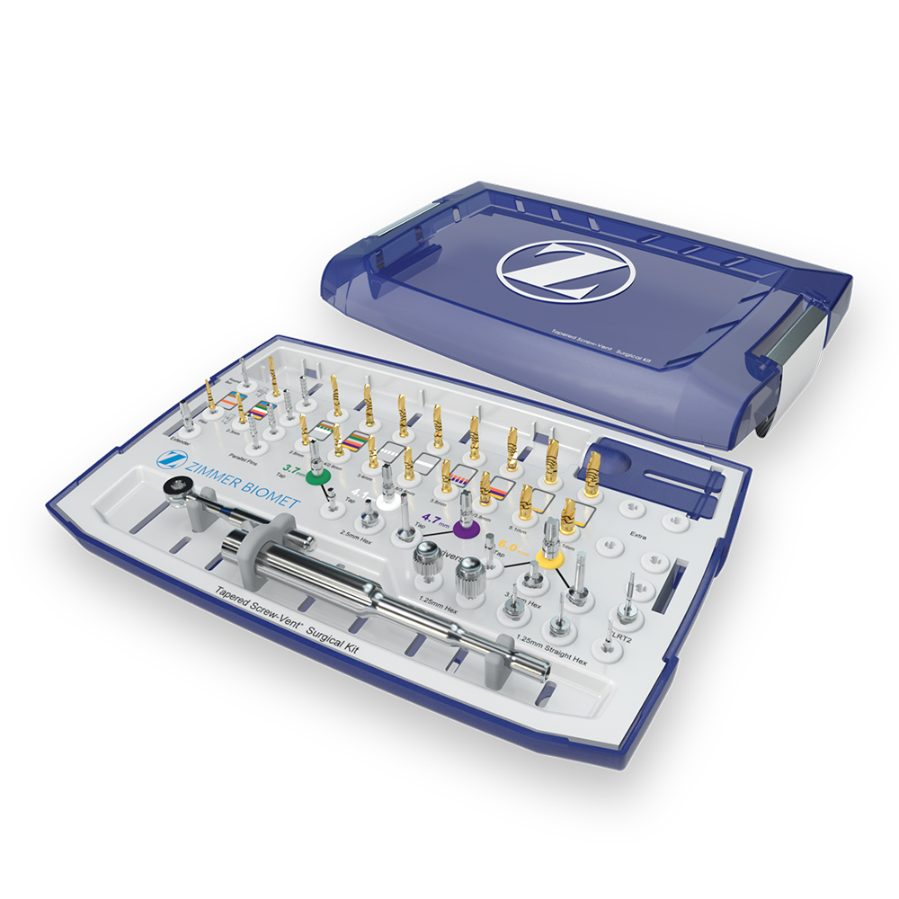 TSV Surgical Kit with Instruments Image of the ZimVie TSV Surgical Kit containing a complete set of precision drills, instruments, and accessories, organized in a blue case designed to support efficient and accurate dental implant placement.