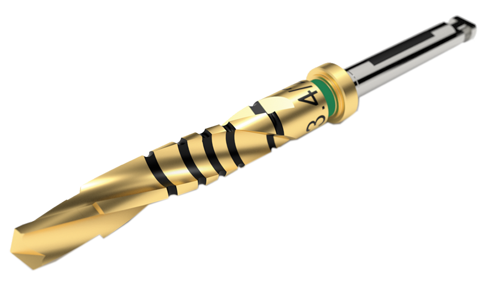 High-performance Dríva™ Gold Drill designed for precision, cutting efficiency, and durability in dental implant procedures. Features gold-coated surface for reduced friction and extended instrument life.
